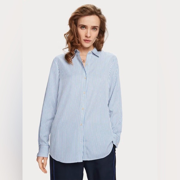 Scotch & Soda blue & white stripe cotton oxford button down shirt - Small (1) - Picture 2 of 8